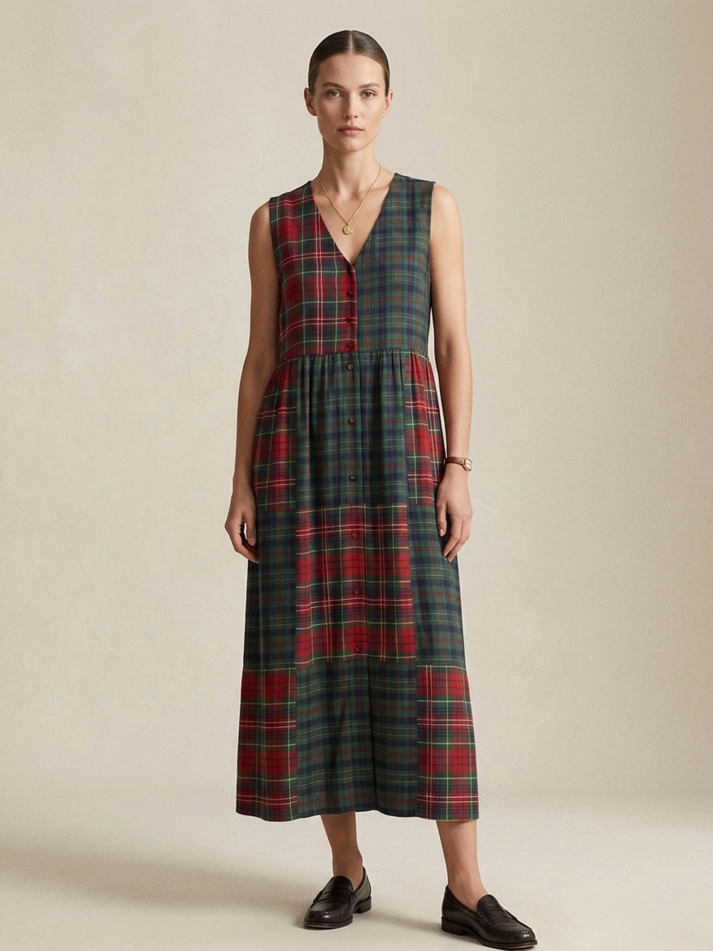 Vintage Plaid Tartan Maxi Pinafore Dress Size XL Red Green - Picture 7 of 7